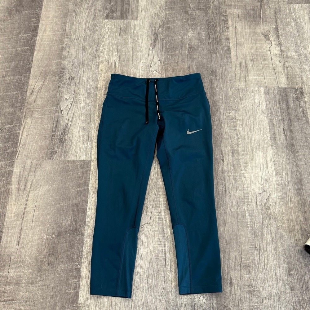 Nike Womens Small Teal High Rise Capri Running Leggings Reflective Drawstring
